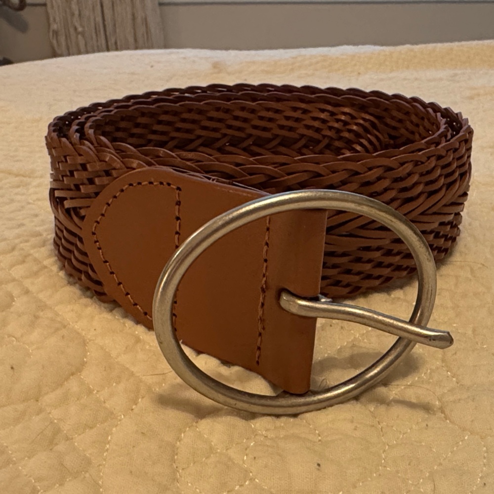 Target Tan Leather Woven Belt with Silver Buckle